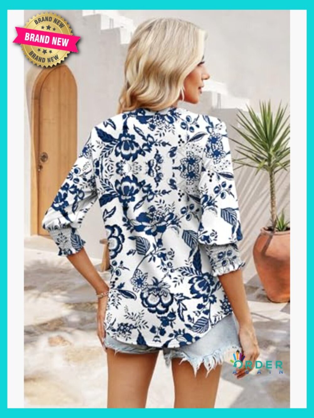 3/4 Sleeve Blouse V Neck Puff Sleeve Boho Top Dressy Casual Summer Spring Work - Picture 4 of 7
